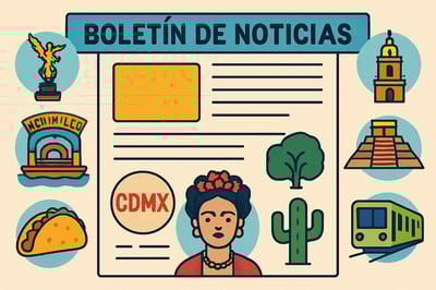 Ilustración de un boletín de noticias con íconos de lugares y experiencias en CDMX Ilustración de un boletín de noticias con íconos de lugares y experiencias en CDMX